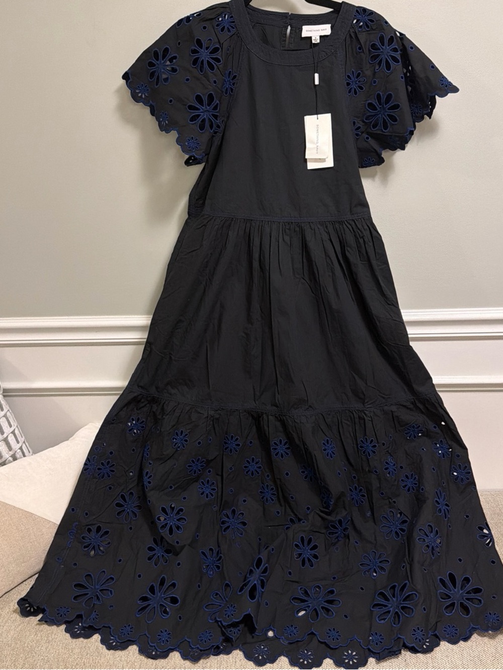 Something Navy brand Women's Black Eyelet Maxi Dress with Scalloped Sleeves